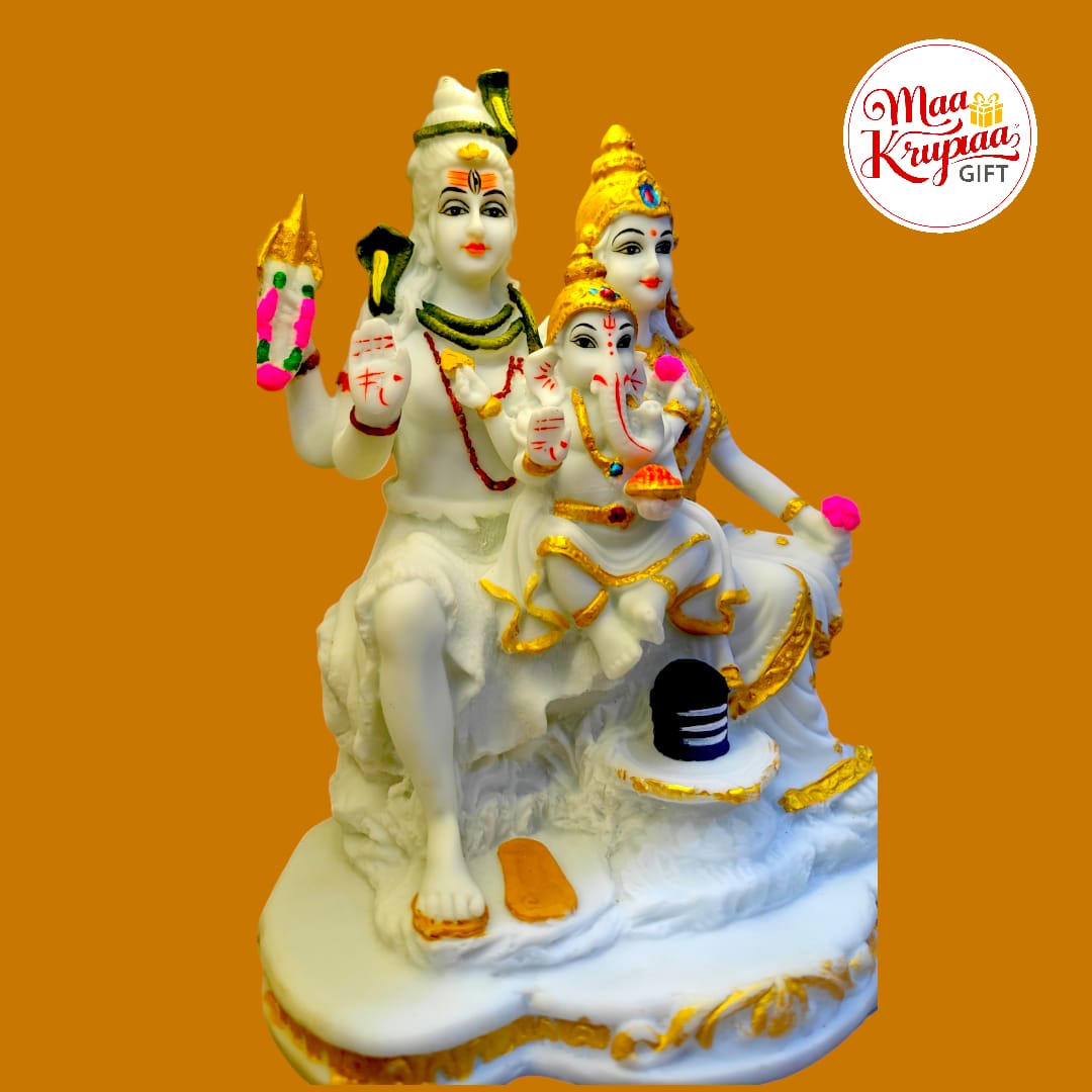 WHITE COLOUR MARBLE FINISHED 10 INCH BIG SIZE SHIV PARVATI AND GANESH JI FAMILY IDOL897