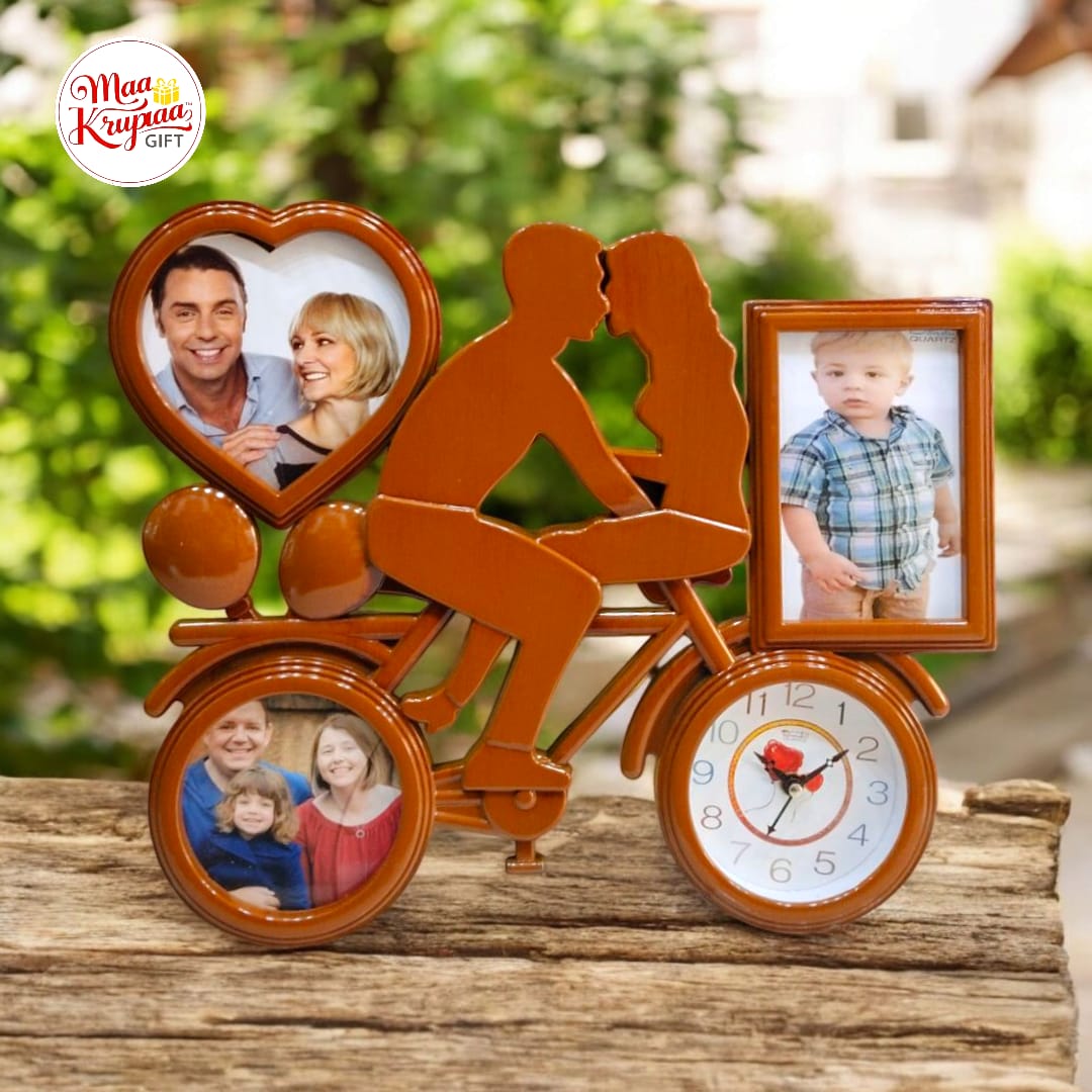BROWN COLOUR SHADED 3 PHOTO LOVE PHOTO FRAME WITH CLOCK 1287