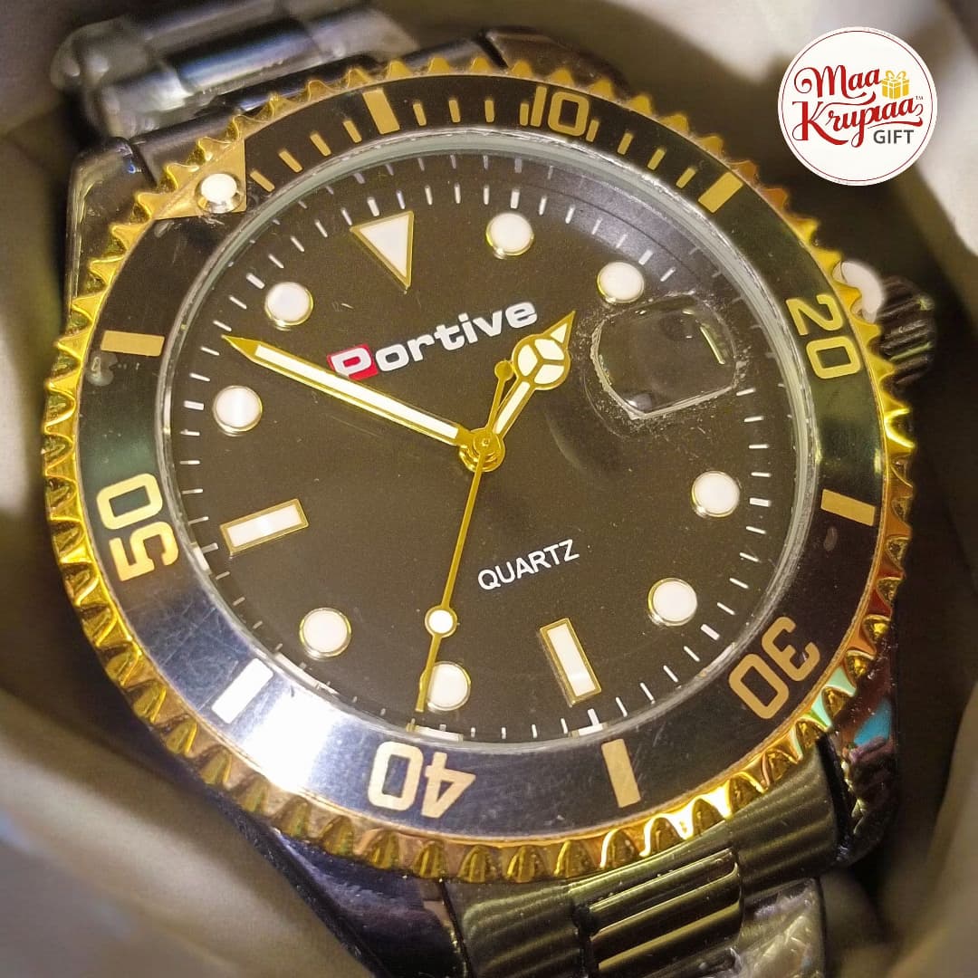 PORTIVE GOLD-BEZEL DIVER STYLE MENS BLACK CHAIN WATCH 1240