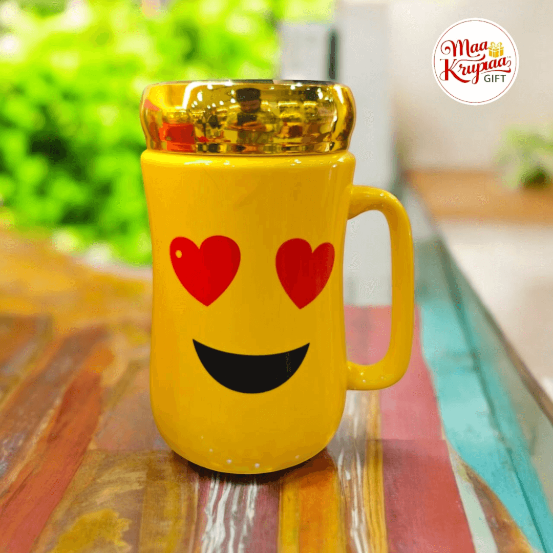 SMILEY PRINTED YELLOW COLOUR CERAMIC MUG WITH MIRROR CAP ON IT 845