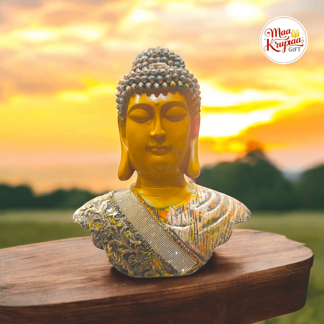 YELLOW BUDDHA BUST STATUE WITH DECORATIVE ROBE 318