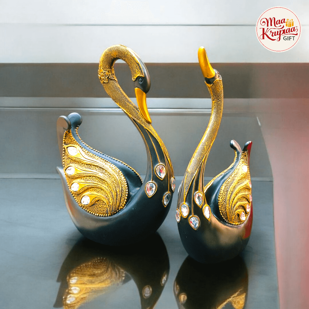BLACK AND GOLDEN LOVE SWAN COUPLE SHOWPIECE 459