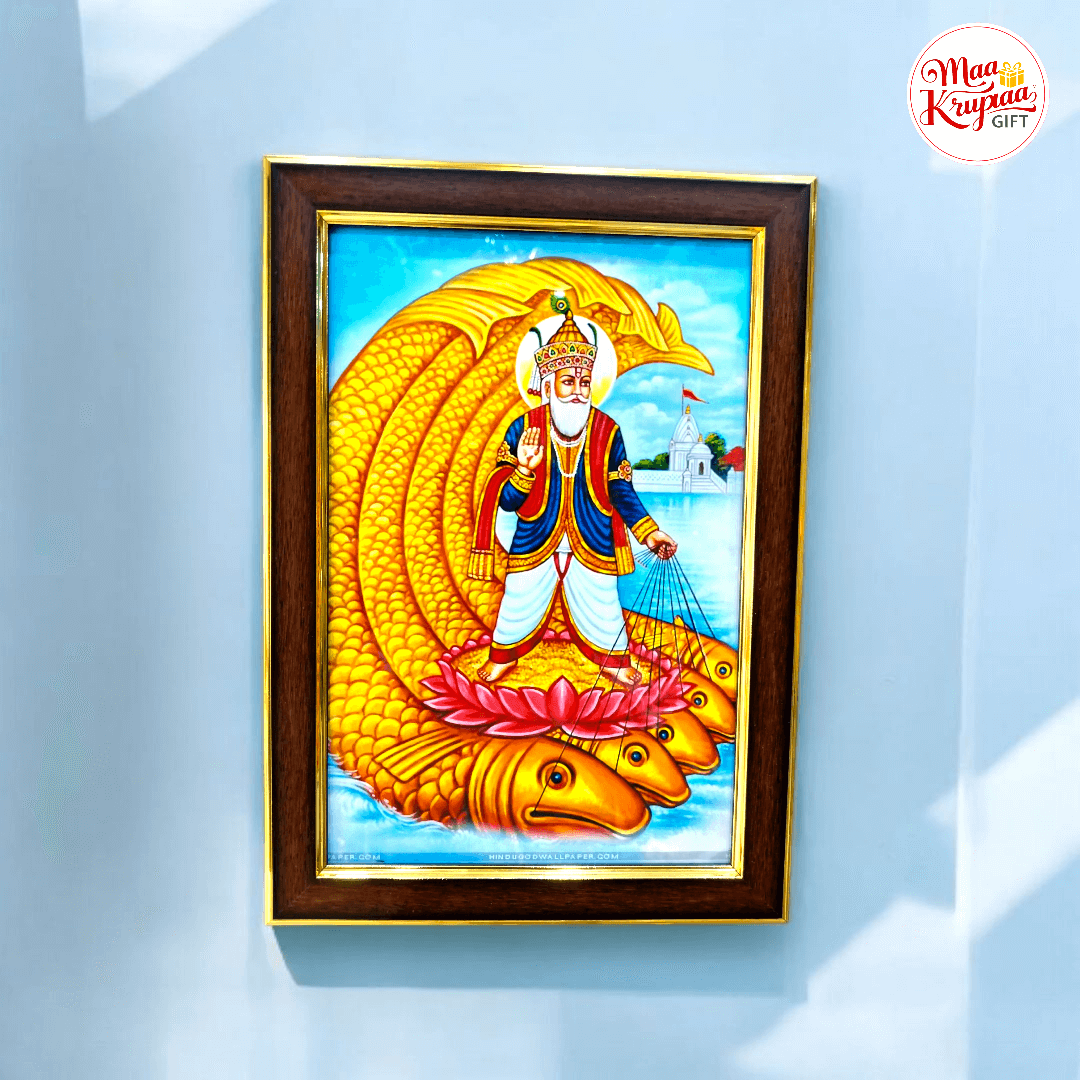 NOOKES JHULELAL VISHNU AVTAR UDERO LAL SINDHI GOD PREMIUM BROWN COLOUR BORDERED WITH GOLDEN STRIPS FRAME