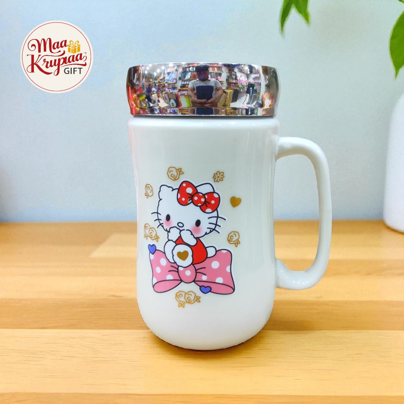 HELLO KITTY WHITE CERAMIC MUG WITH SILVER MIRROR LID W26
