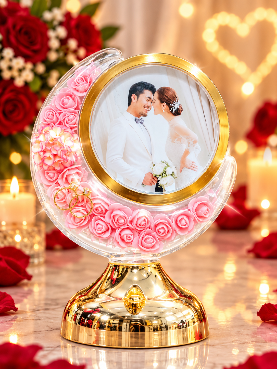 MOON SHAP WITH PINK ROSE PRIMIUM LIGHT PHOTO FRAME LF246