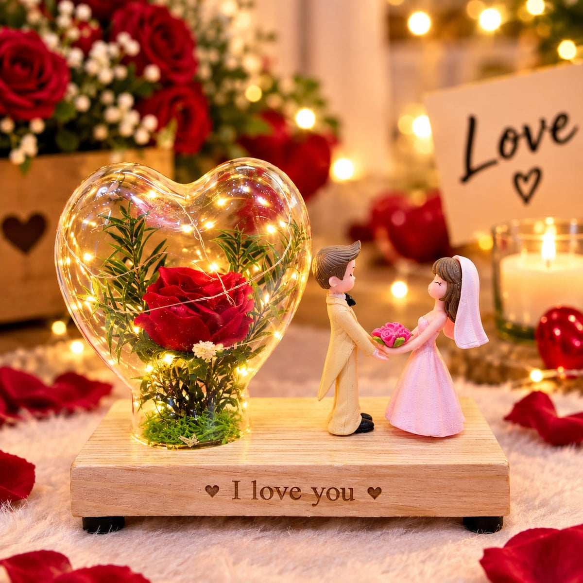 LOVE HEART WITH RED ROSE COUPLE LIGHT SHOWPIECE LS23