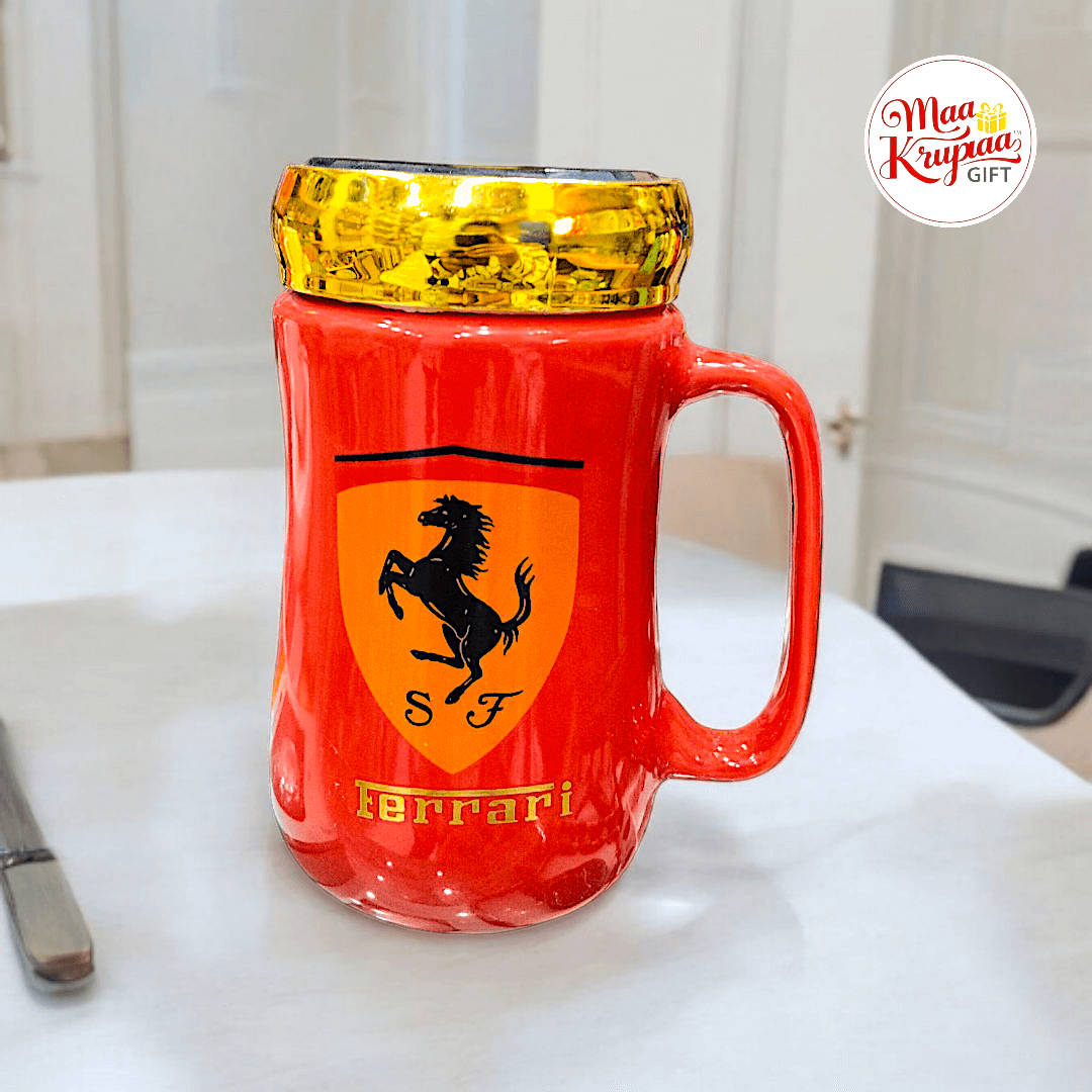SF FERRARI PRINTED RED COLOUR CERAMIC MUG WIRH MIRROR CAP ON IT 855