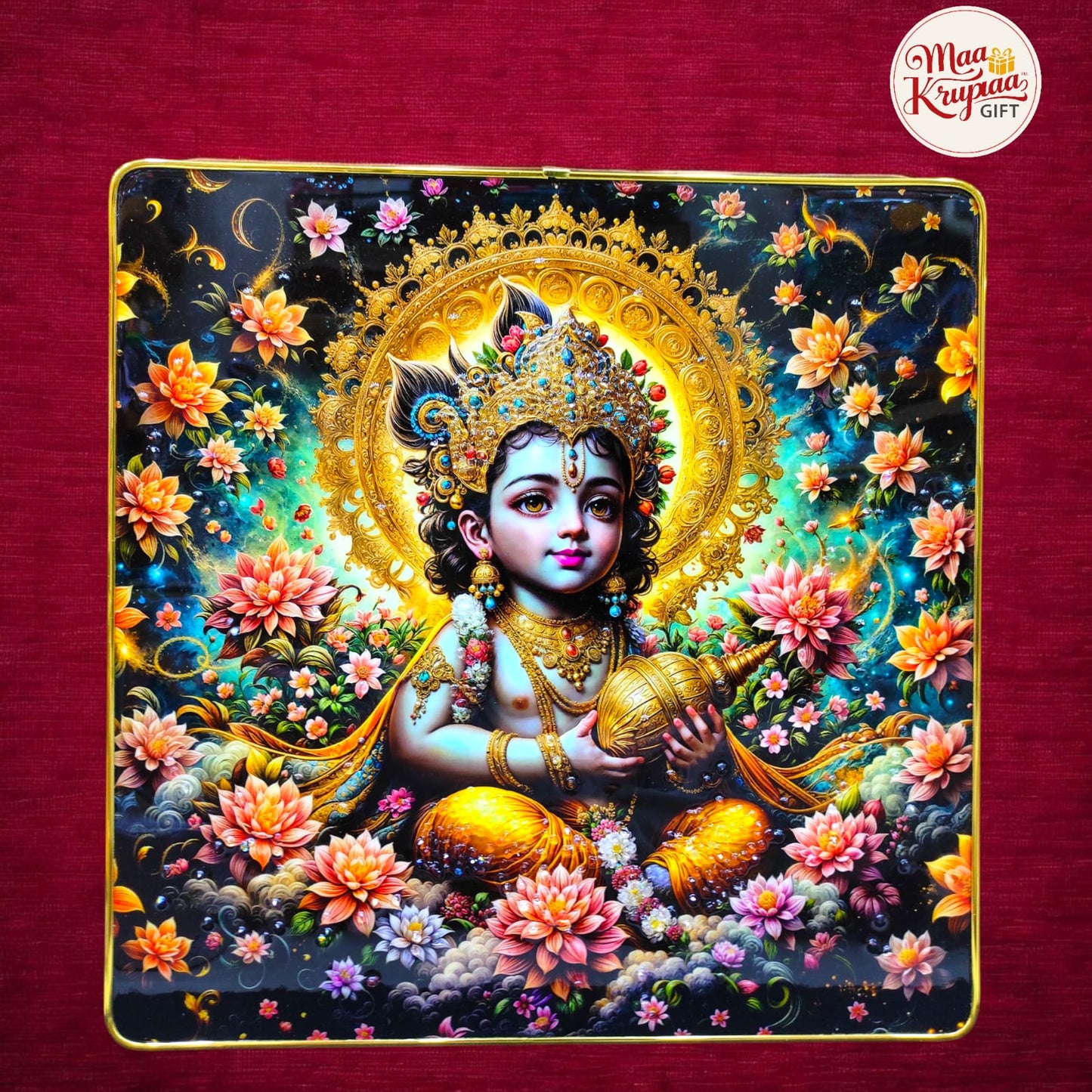 LORD KRISHNA - DIVINE BABY WITH CONCH AND LOTUSES HOME DECOR WALL FRAME 1034 D41
