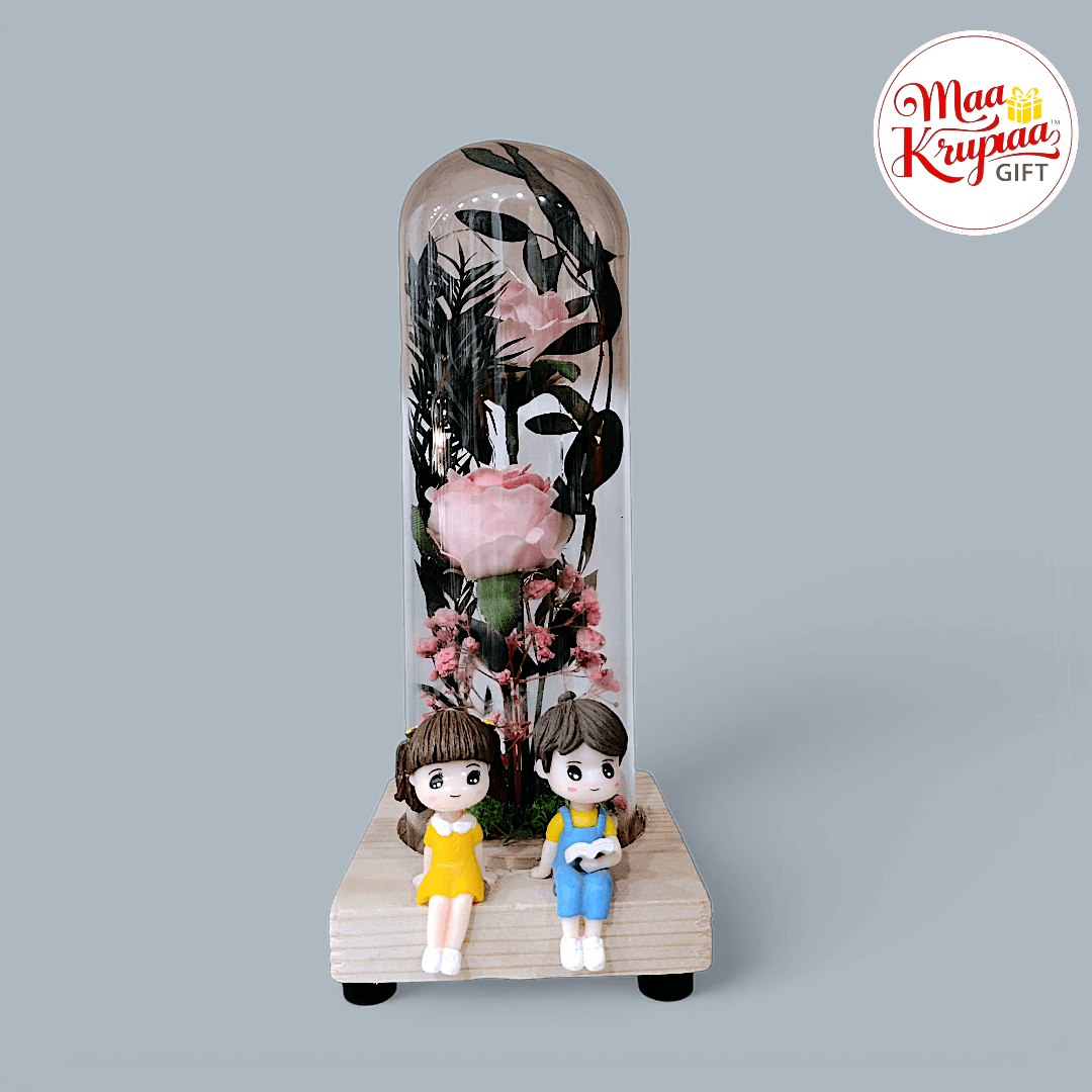 LOVE COUPLE WITH PINK ROSE AND WODERN BASE WITH PREMIUM QUALITY GLASS LIGHT SHOWPIECE 1132