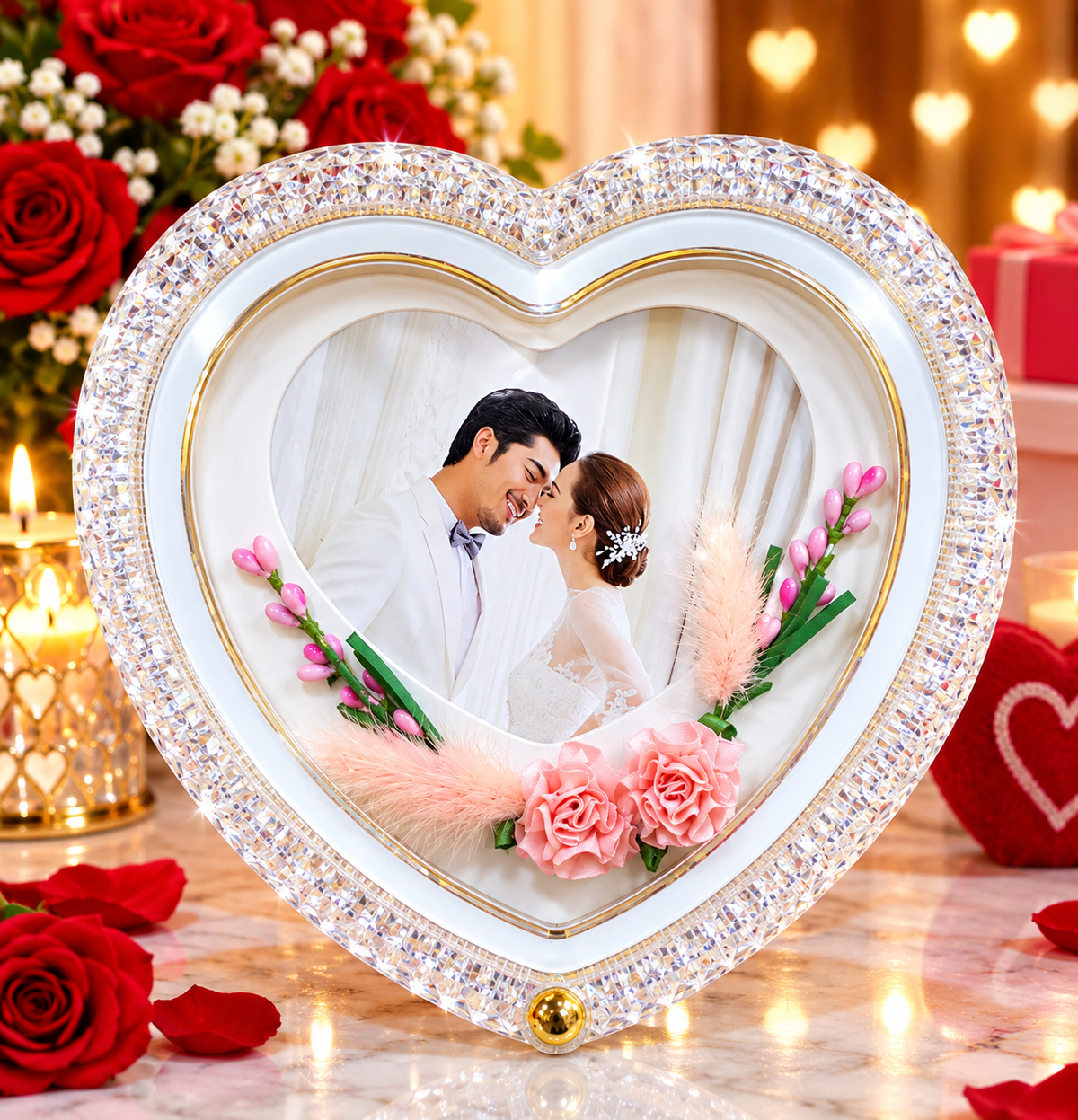 HEART SHAP WHITE COLOUR LIGHT FRAME WITH PINK ROSE LF454