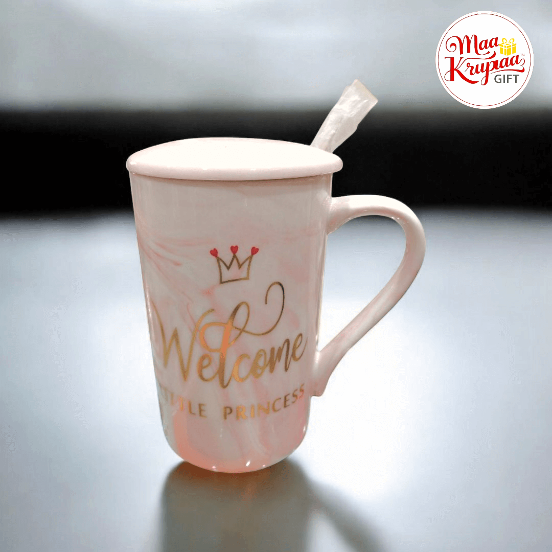 WELCOME LITTLE PRINCESS WRITTEN PINK COLOUR CERAMIC MUG WITH CAP 889