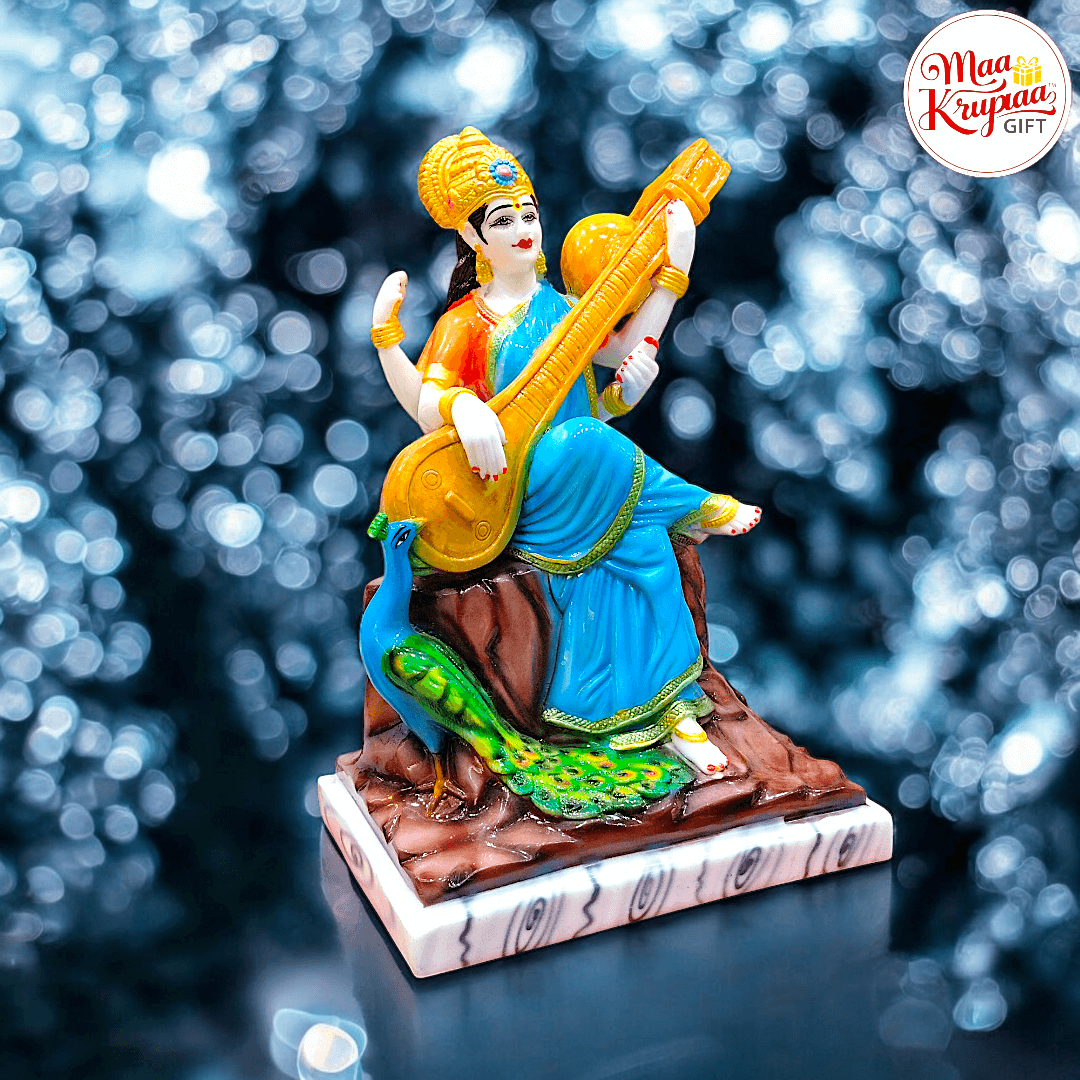 PREMIUM SARASWATI MATA WITH PEACOCK WASHABLE IDOL 1026