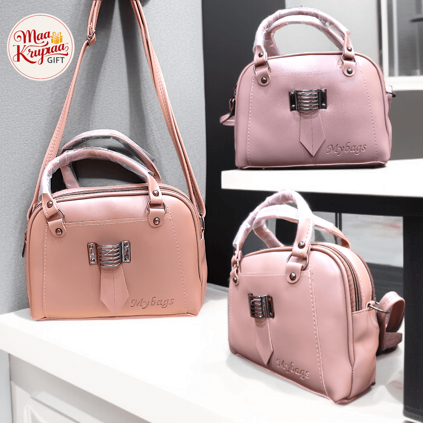 BLUSH PINK STRUCTURED HANDBAG WITH METALLIC ACCENT LOCK 1438 LP21