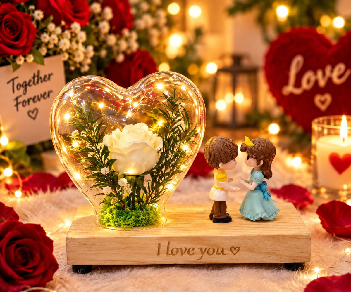WHITE ROSE HEART GLASS WITH COUPLE LIGHT SHOWPIECE LS29