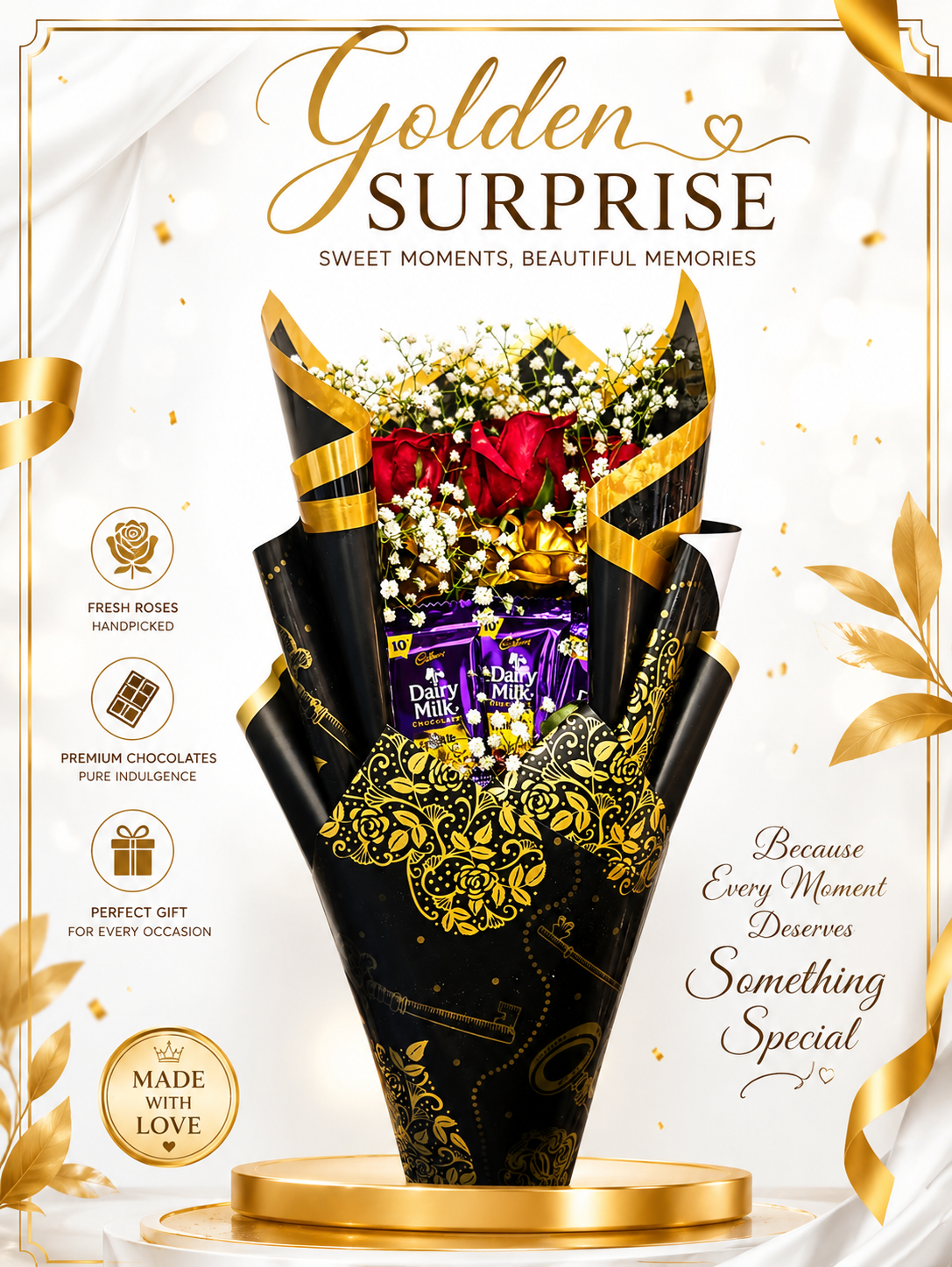 GOLDEN AND BLACK LOVE BOUQUE WITH CHOCLATES