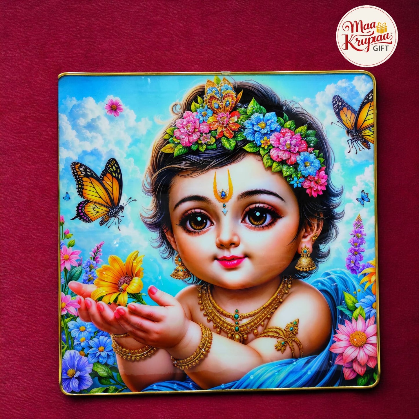 LORD KRISHNA - DIVINE BABY WITH BUTTERFLIES AND FLOWERS HOME DECOR WALL FRAME 1034 D42