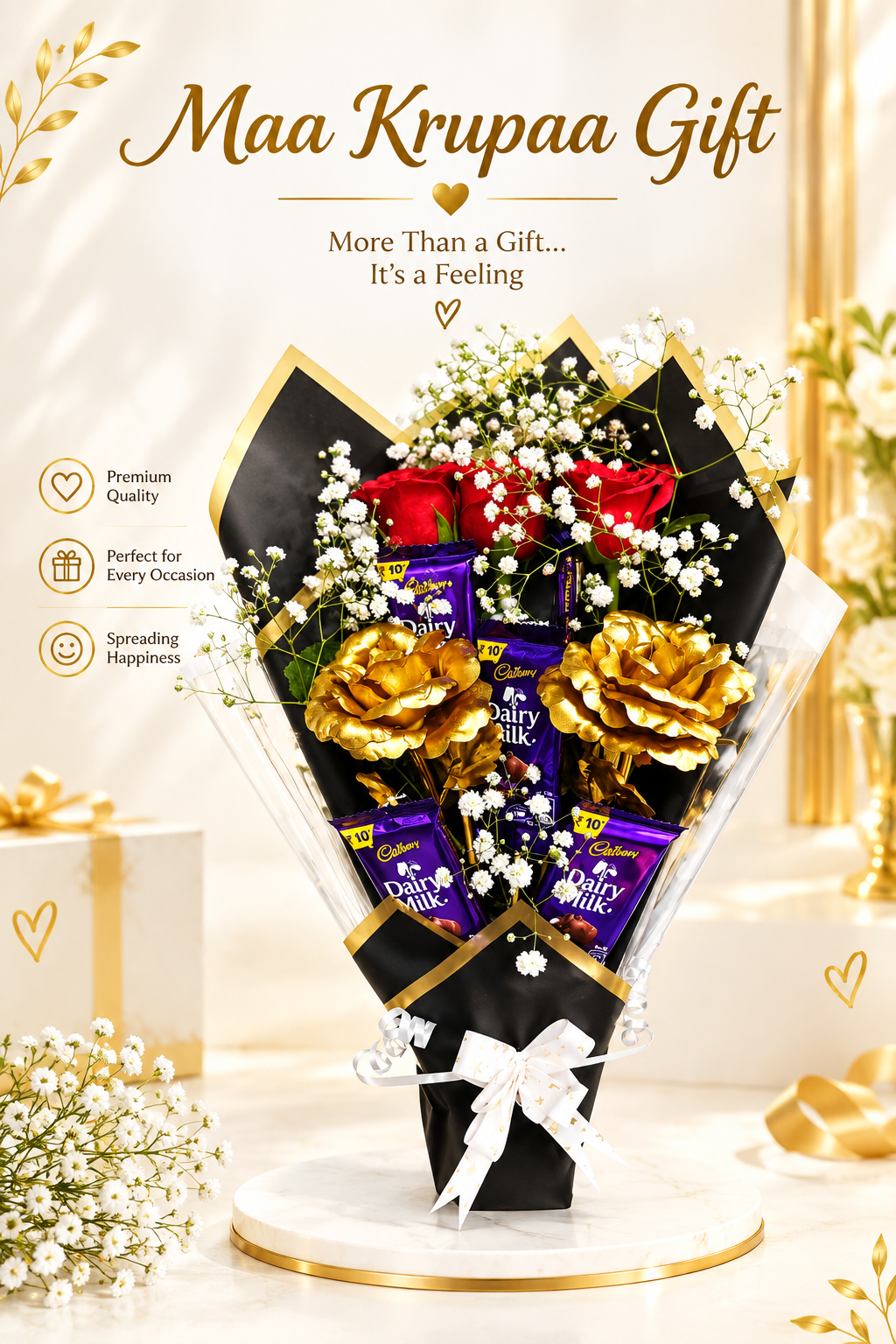LOVE CARD WITH BEAUTIFUL BOUQUE GOLDEN ROSE CHOCLATES AND RED ROSE