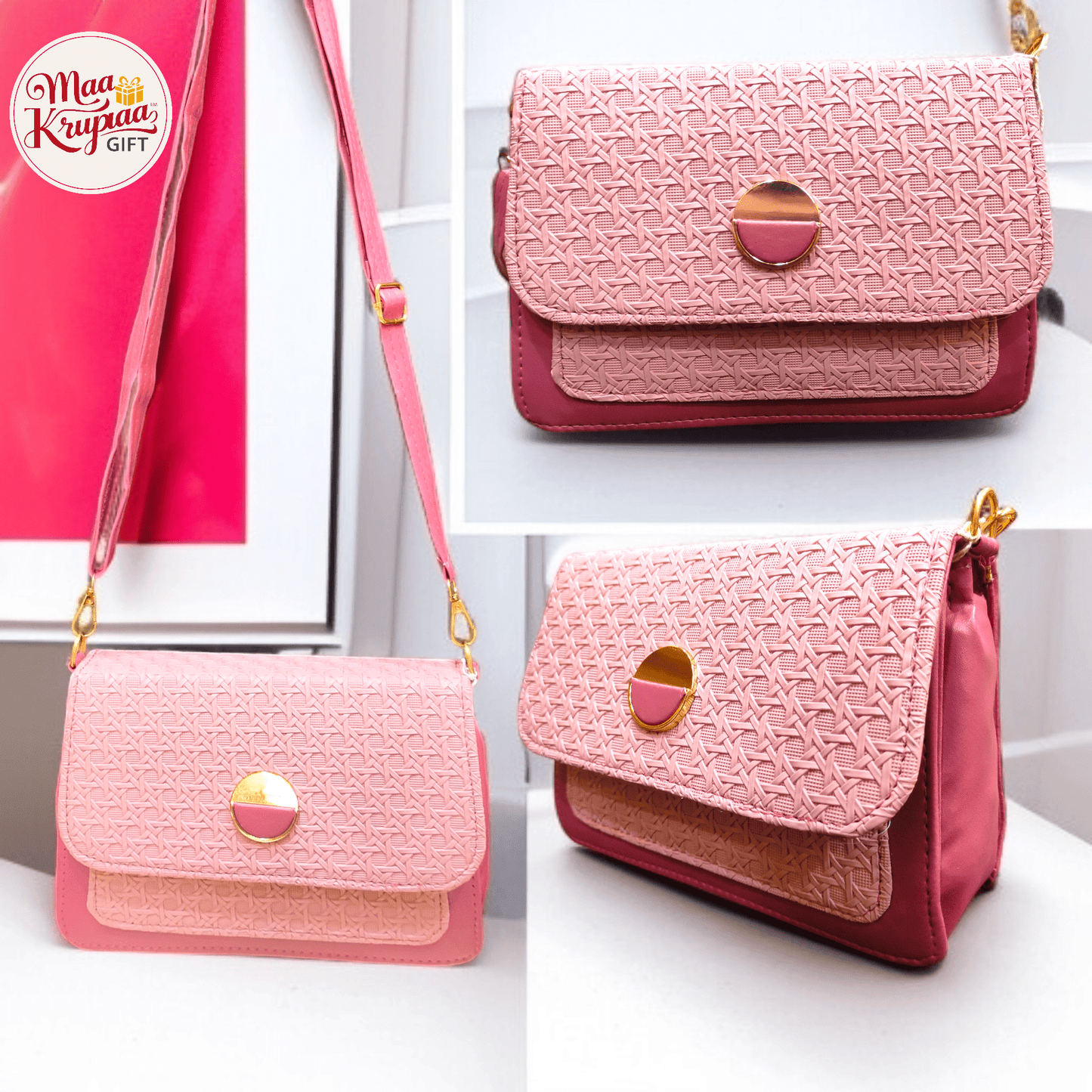 TEXTURED FLAP PINK SHOULDER BAG WITH GOLDEN CLASP 1439 LP05