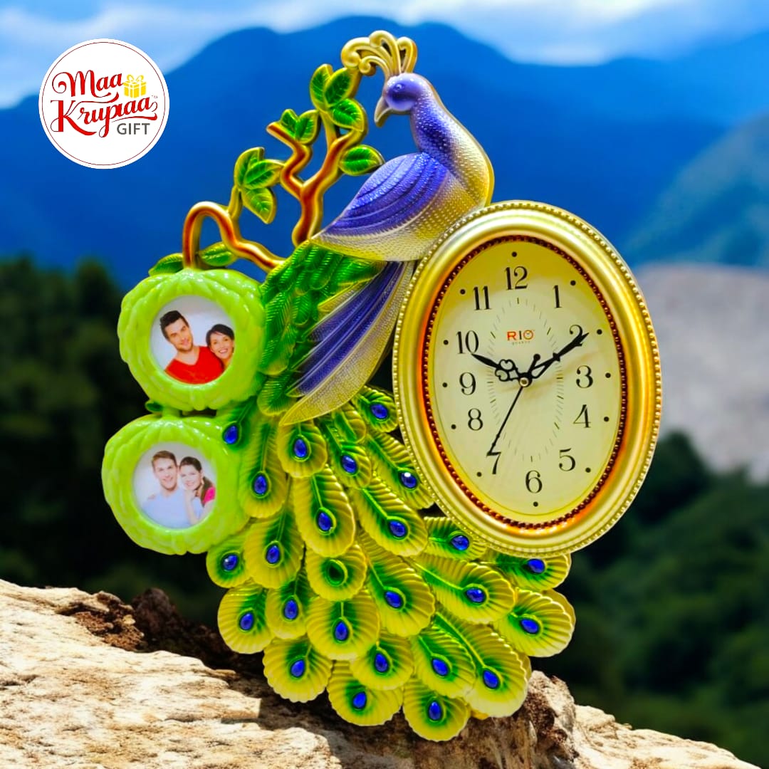 PREMIUM 2 PHOTO FRAME WITH 3D PEACOCK AND A WALL CLOCK IN IT 1286