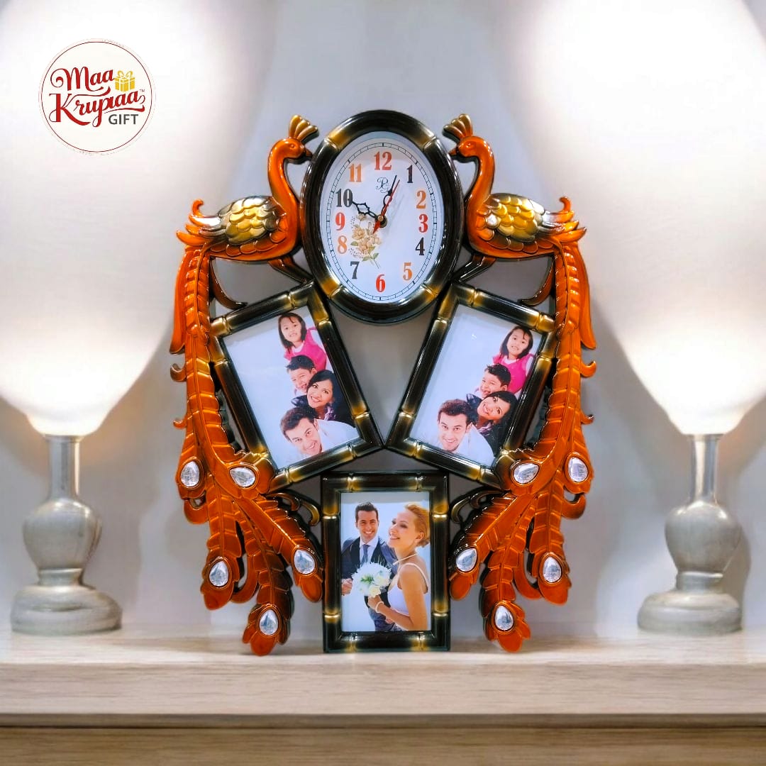 PREMIUM 3 PHOTO WITH A CLOCK AND 3D PEACOCK SHADED PHOTO FRAME 1290