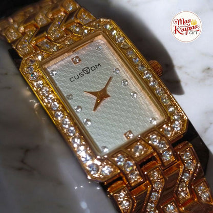 PREMIUM WHITE COLOUR SQUARE DIAL WITH GOLD CHAIN CUSTOM LADIES WATCH 266