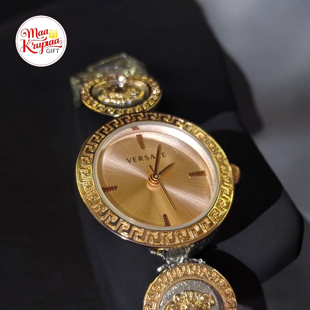 PREMIUM VERSACE LOGO PRINTED BELT WITH ROSE GOLD COLOUR DIAL VERSACE LADIES WATCH 687