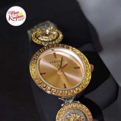 PREMIUM VERSACE LOGO PRINTED BELT WITH ROSE GOLD COLOUR DIAL VERSACE LADIES WATCH 687