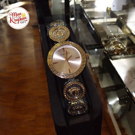PREMIUM VERSACE LOGO PRINTED BELT WITH ROSE GOLD COLOUR DIAL VERSACE LADIES WATCH 687