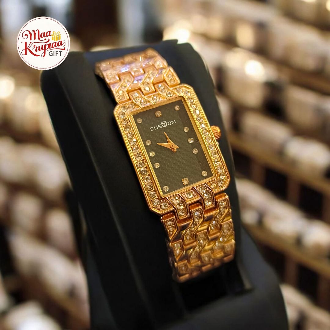 PREMIUM GOLD COLOUR DIAMOND COATING CHAIN WITH UNIQUE SHAPED DIAL CUSTOM LADIES WATCH 266
