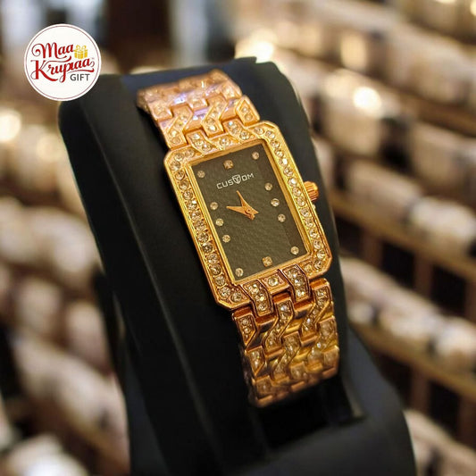 PREMIUM GOLD COLOUR DIAMOND COATING CHAIN WITH UNIQUE SHAPED DIAL CUSTOM LADIES WATCH 266