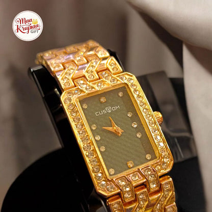 PREMIUM GOLD COLOUR DIAMOND COATING CHAIN WITH UNIQUE SHAPED DIAL CUSTOM LADIES WATCH 266