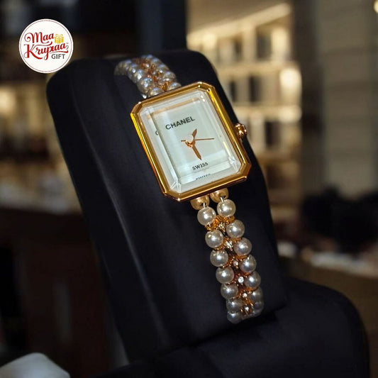 PREMIUM DIAMOND CREATED CHAIN WITH GOLD AND WHITE COLOUR DIAL CHANEL LADIES WATCH 738