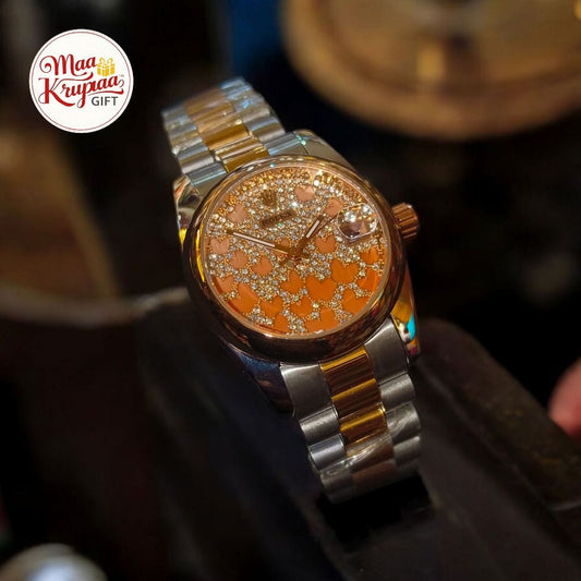 PREMIUM SILVER AND GOLD COLOUR CHAIN WITH BUTTERFLY EDITION IN DIAL WITH DATE MOTION ROLEX LADIES WATCH 683