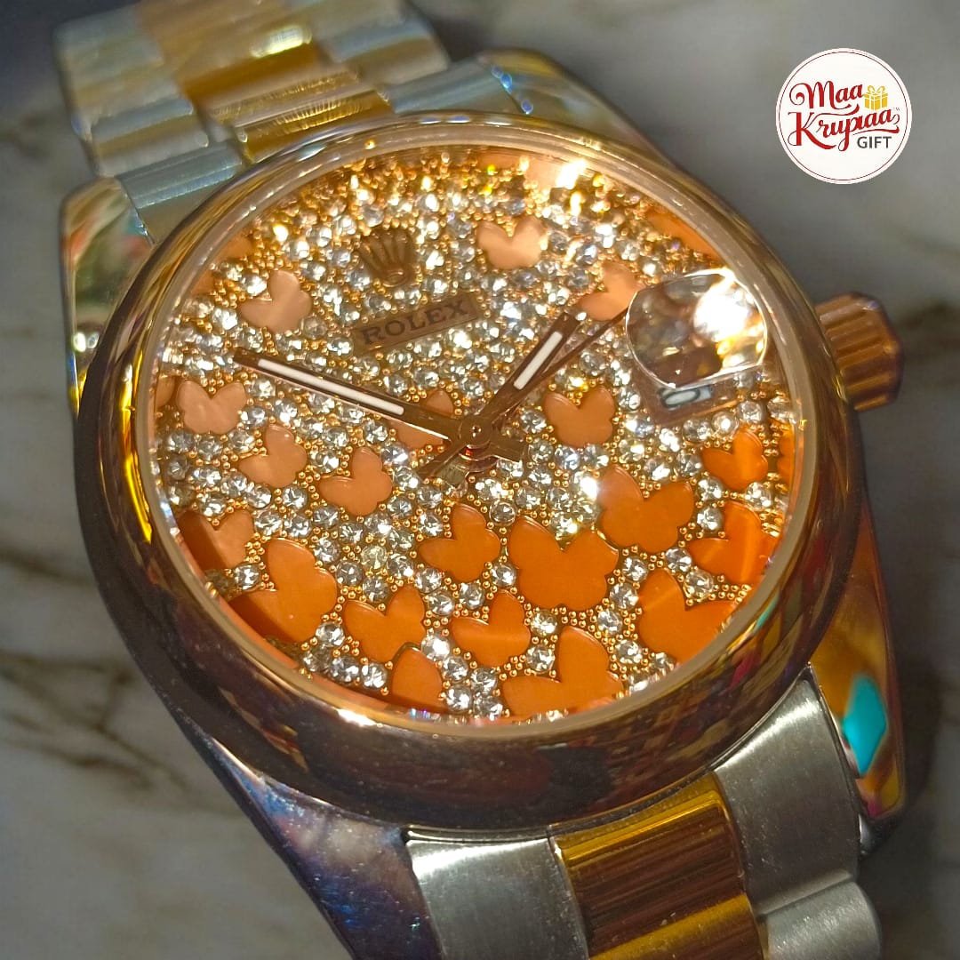 PREMIUM SILVER AND GOLD COLOUR CHAIN WITH BUTTERFLY EDITION IN DIAL WITH DATE MOTION ROLEX LADIES WATCH 683