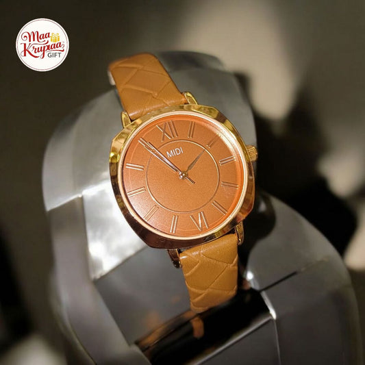 UNIQUE BROWN COLOUR BELT WITH GOLDEN AND BROWN DIAL MIDI LADIES WATCH 435