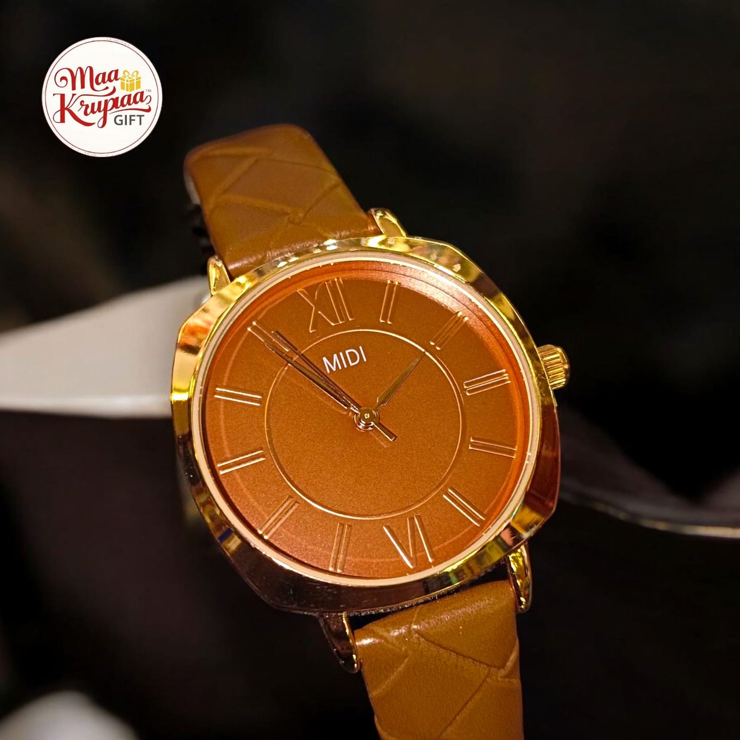 UNIQUE BROWN COLOUR BELT WITH GOLDEN AND BROWN DIAL MIDI LADIES WATCH 435