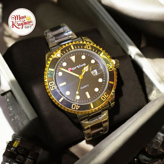 PORTIVE GOLD-BEZEL DIVER STYLE MENS BLACK CHAIN WATCH 1240