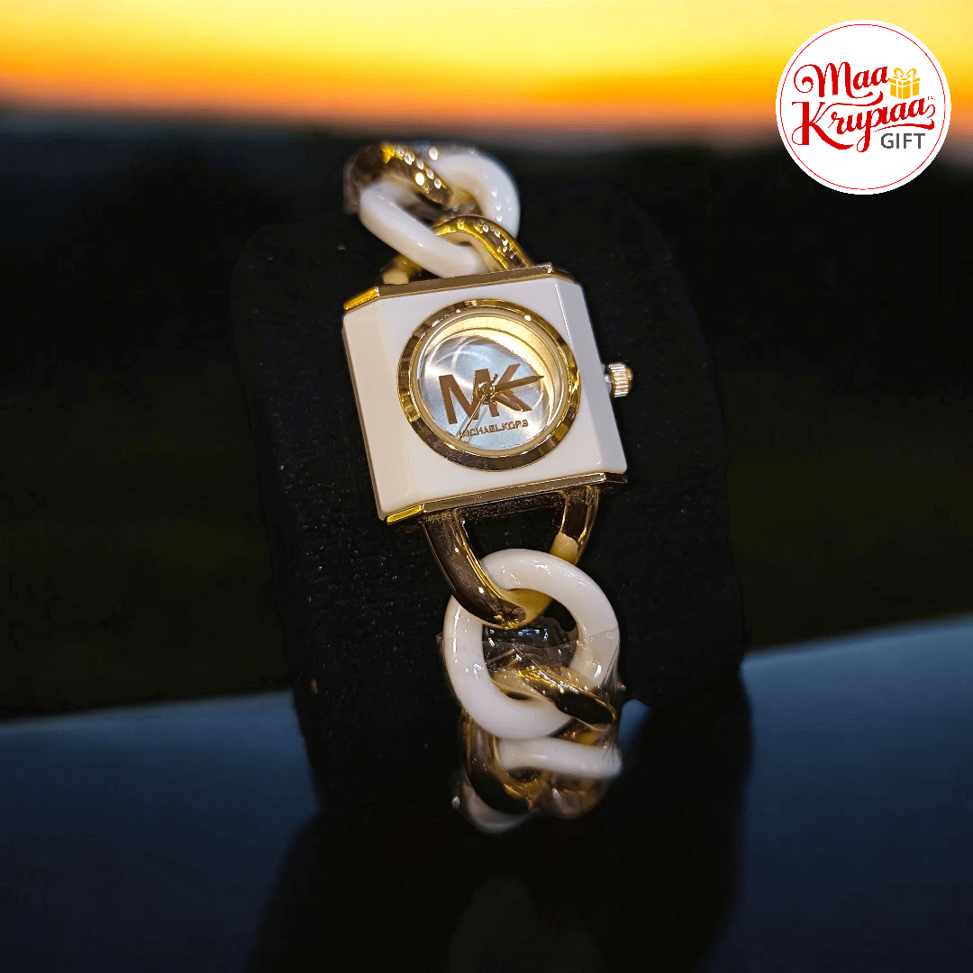 PREMIUM WHITE AND GOLD COLOUR CHAIN WITH UNIQUE SQUARE DIAL MICHAEL KORS LADIES WATCH 738