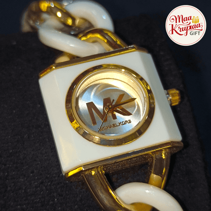 PREMIUM WHITE AND GOLD COLOUR CHAIN WITH UNIQUE SQUARE DIAL MICHAEL KORS LADIES WATCH 738
