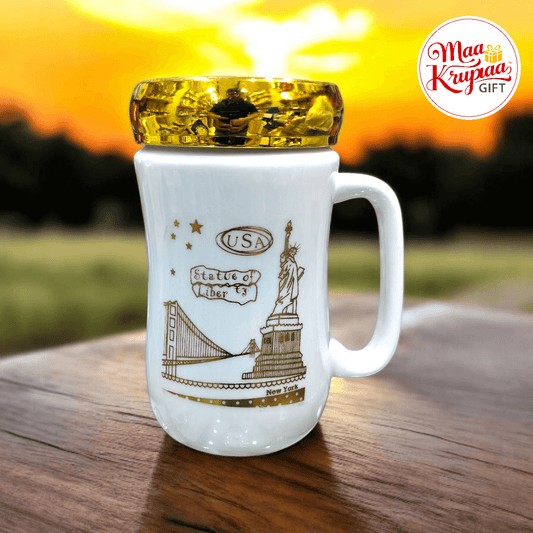 WHITE COLOUR CERAMIC MUG WITH GOLDEN COLOUR CAP ON IT 141