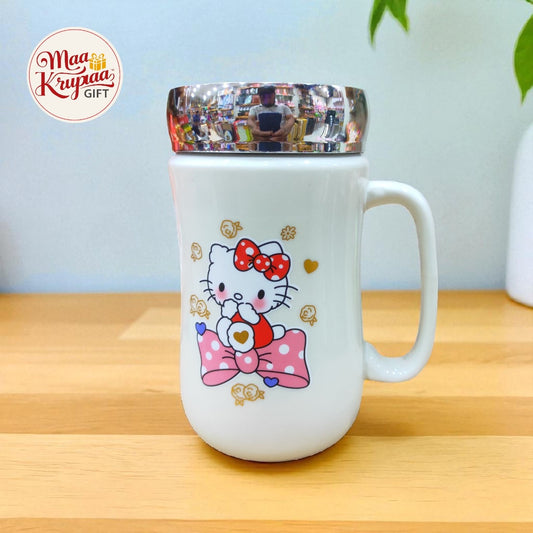 HELLO KITTY WHITE CERAMIC MUG WITH SILVER MIRROR LID W26