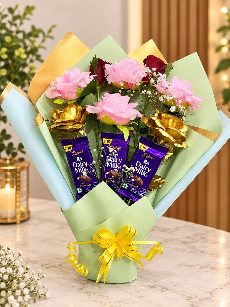 PINK AND GOLDEN ROSE WITH CHOCLATES PRIMIUM LOVE BOUQUE