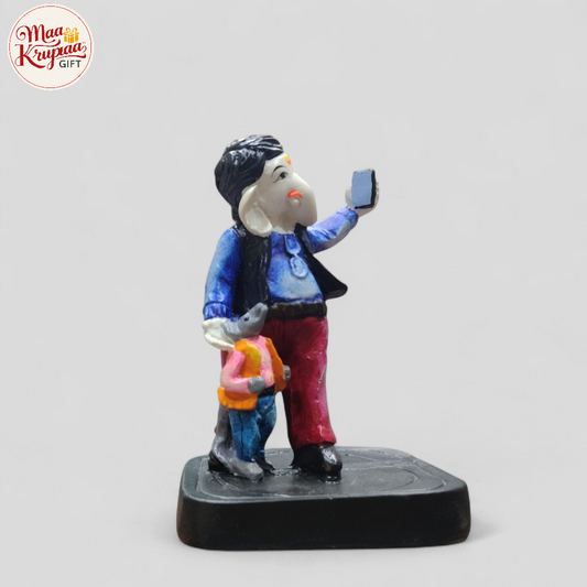 Handcrafted Polyresin Lord Ganesha Idol Taking Selfie with Mushak Decorative Figurine Showpiece W341