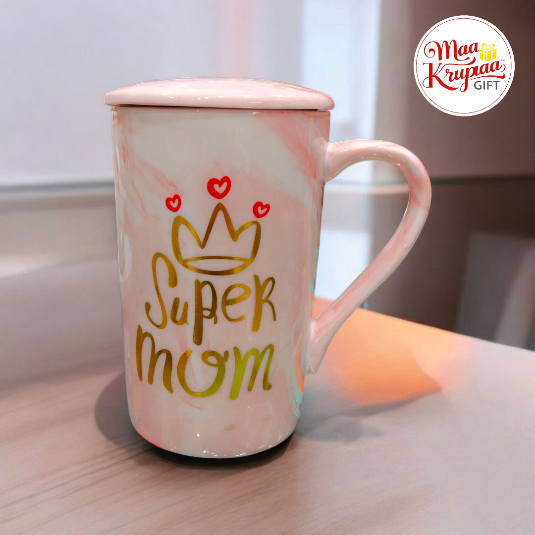 SUPER MOM PRINTED PINK COLOUR CERAMIC MUG WITH CAP 888