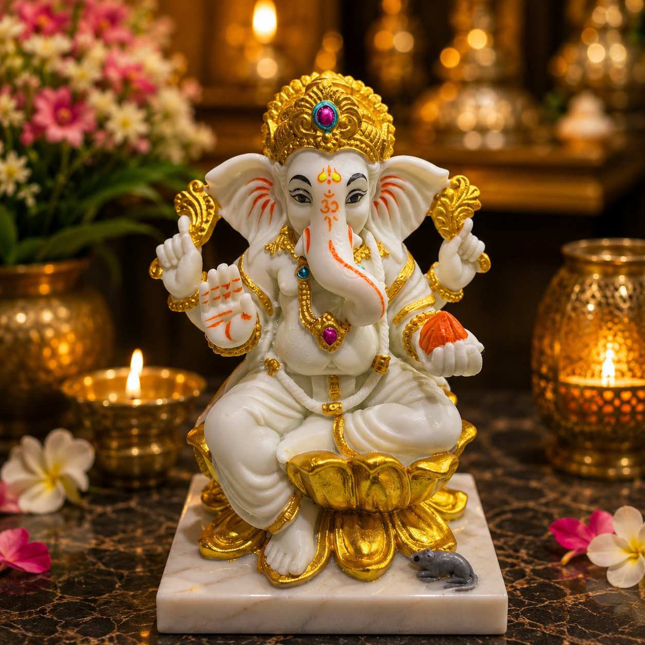 WHITE AND GOLDEN COLOUR GANESH JI HIGH FINISHING IDOL MK5003