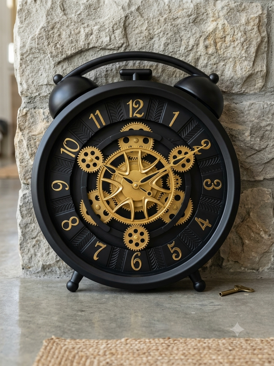 ELEGANT ALARM DESIGNED GEAR WALL CLOCK BLACK COLOUR WC010