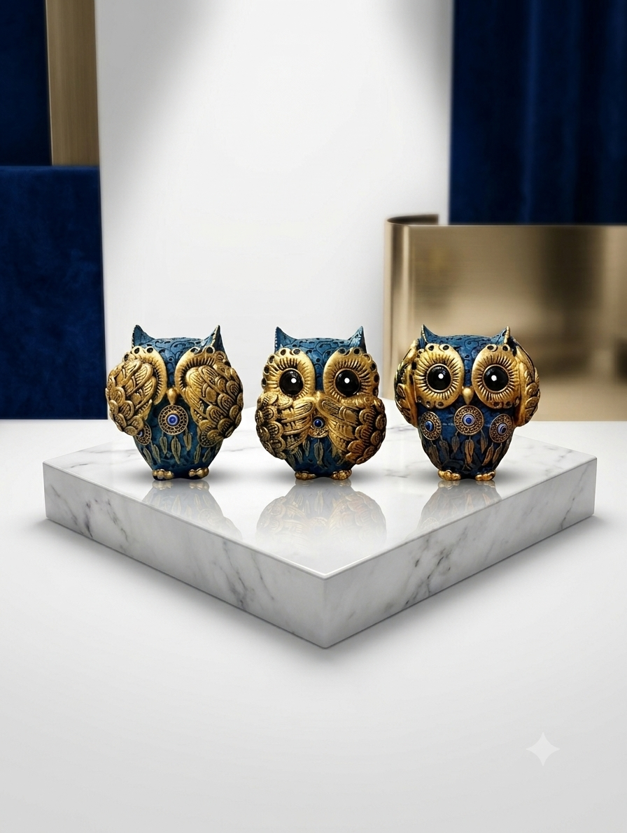DECORATIVE EVIL EYE OWL FIGURE 3 pECS  HOME DECOR SHOWPIECE Mk765