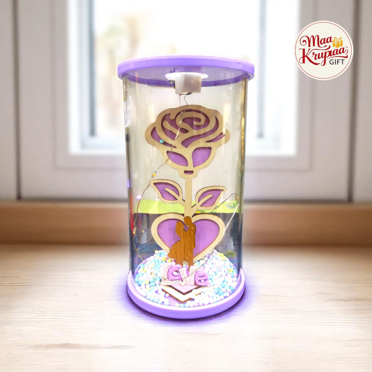 WOODEN PURPLE ROSE LOVE COUPLE SHOWPIECE IN CYLINDER GLASS DOME LV1300 L38