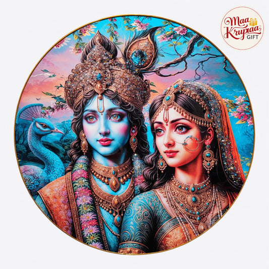ROUND RADHA KRISHNA WITH PEACOCK BIG SIZE PREMIUM HOME DECOR WALL FRAME 816