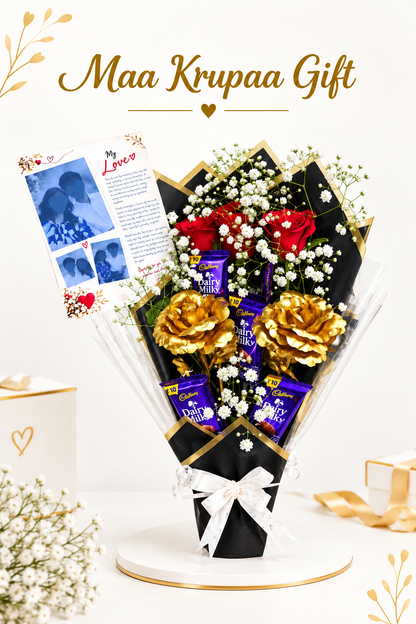LOVE CARD WITH BEAUTIFUL BOUQUE GOLDEN ROSE CHOCLATES AND RED ROSE